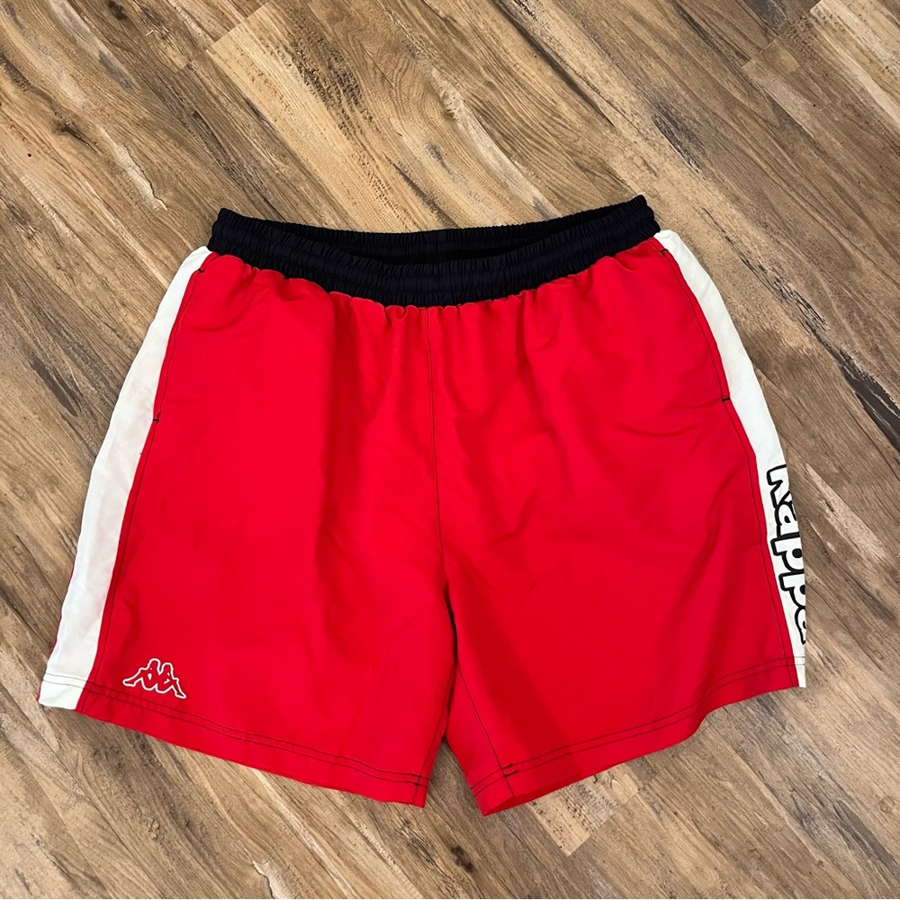 Men’s kappa sportswear big spellout logo striped lined swim trunks sz XXL red